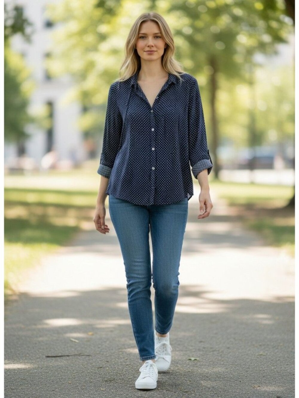 Banana Republic Womens Navy Polka Dot Button-Down Shirt M Cotton Long Sleeves